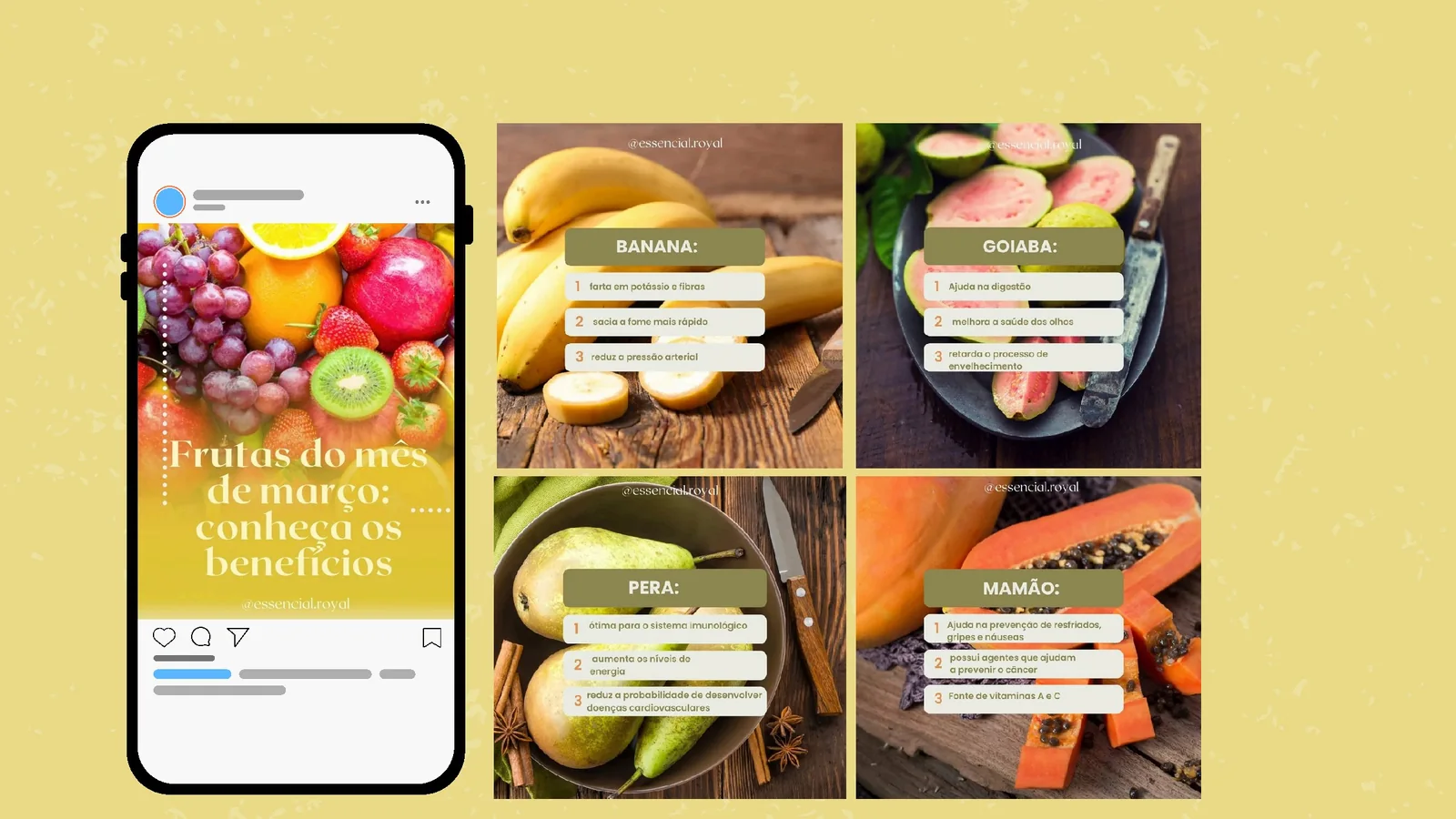 Conjunto de peças para redes sociais sobre alimentação e bem-estar