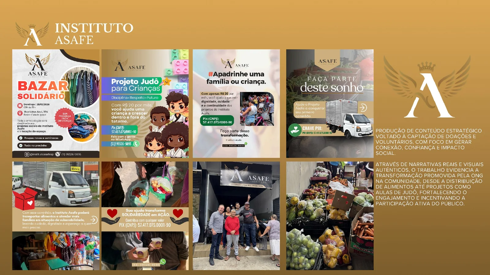 Mosaico de conteúdo e ações sociais do Instituto Asafe